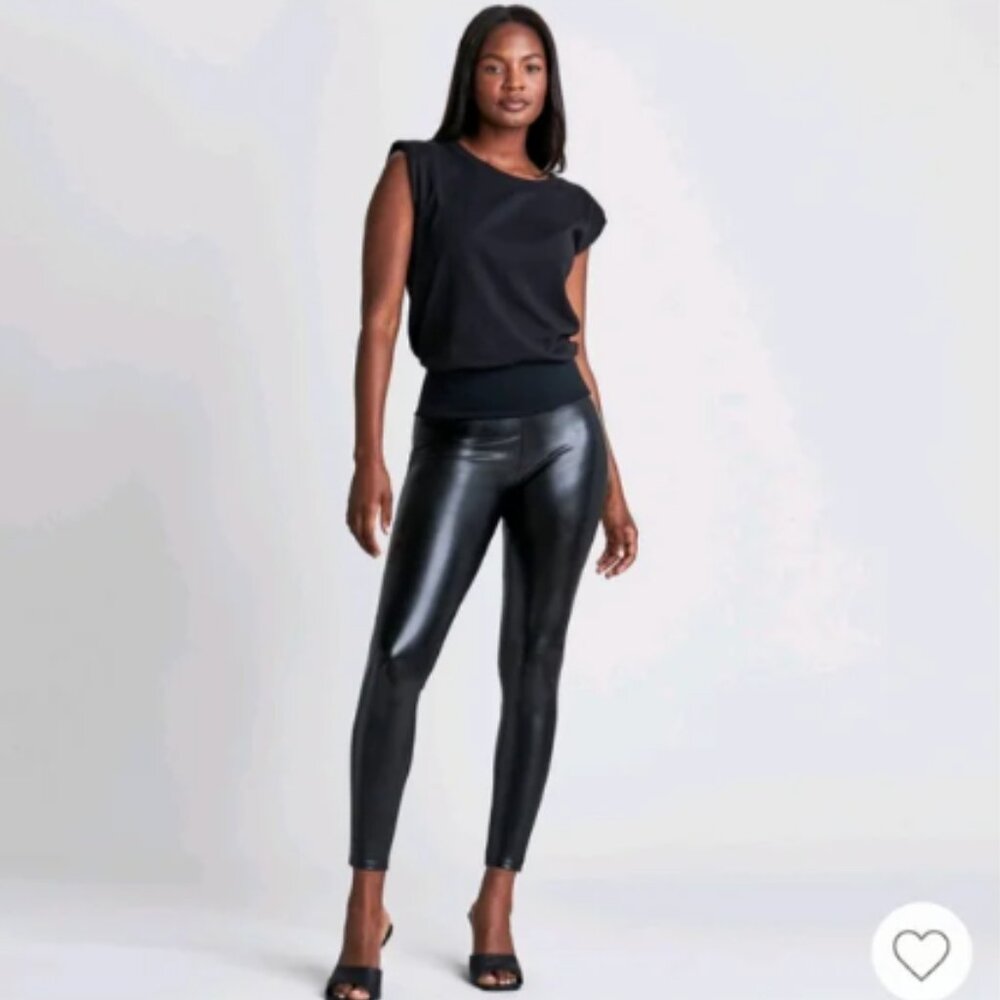Assets by Spanx Black Faux Leather Skinny Pull on Leggings (617)